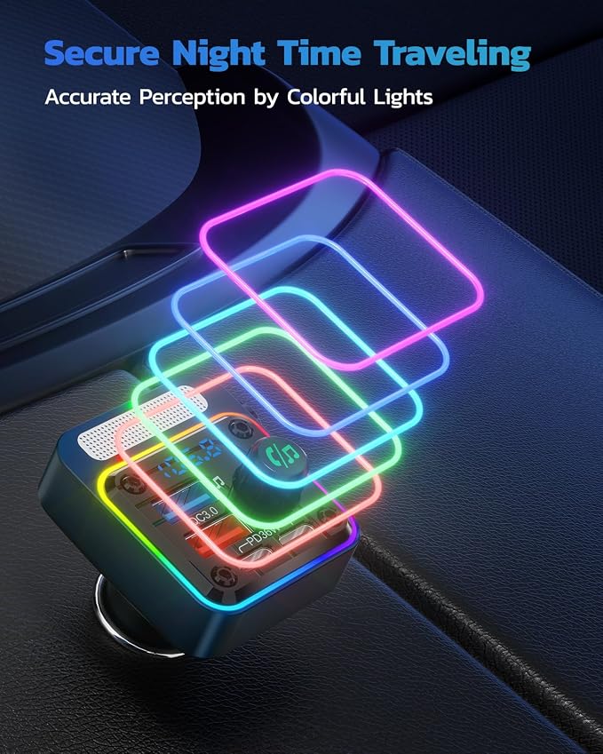 Nulaxy 54W Bluetooth 5.3 Car Adapter with 4 Charging Ports [PD 36W & QC3.0 18W], Wireless Radio FM Transmitter with Deep Bass Player & 5 Colors LED Backlit, Hands-Free Calling - Blue