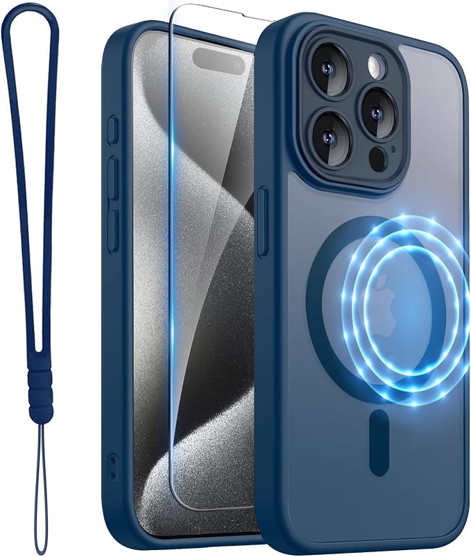 ROYBENS for iPhone 15 Pro-Max Matte Clear Case Compatible with Magsafe, Full Camera Lens Protection, Screen Protector, Wrist Strap, Translucent Magnetic Slim Hard Protective Phone Cover, Navy Blue