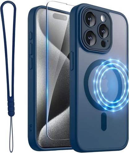 ROYBENS for iPhone 15 Pro-Max Matte Clear Case Compatible with Magsafe, Full Camera Lens Protection, Screen Protector, Wrist Strap, Translucent Magnetic Slim Hard Protective Phone Cover, Navy Blue
