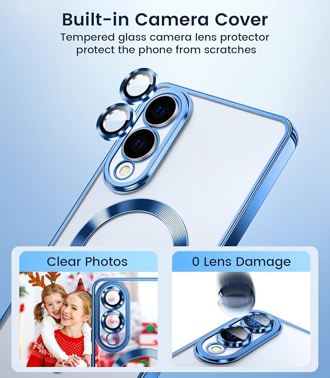 Slim Thin for Samsung Galaxy S25 Edge Case, Compatible with MagSafe, Built-in Camera Lens Protector, Shockproof Protective Phone Case, Soft Electroplated Clear Cover, Sapphire Blue