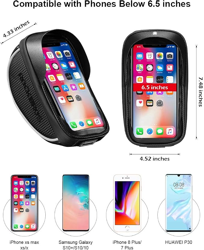 ROCKBROS Bike Phone Mount Bag Bike Front Frame Handlebar Bag Waterproof Bike Phone Holder Case Bicycle Accessories Pouch Sensitive Touch Screen Compatible with iPhone Below 6.5"