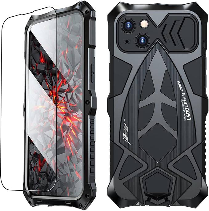 Armor Phone Case for iPhone 14 Military Grade Drop Tested 360 Full Body Protection Cover Heavy Duty Hybrid Metal Bumper Built-in Silicone Shockproof Dustproof with Screen Protector - Black