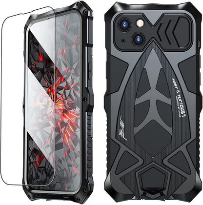 Armor Phone Case for iPhone 14 Military Grade Drop Tested 360 Full Body Protection Cover Heavy Duty Hybrid Metal Bumper Built-in Silicone Shockproof Dustproof with Screen Protector - Black