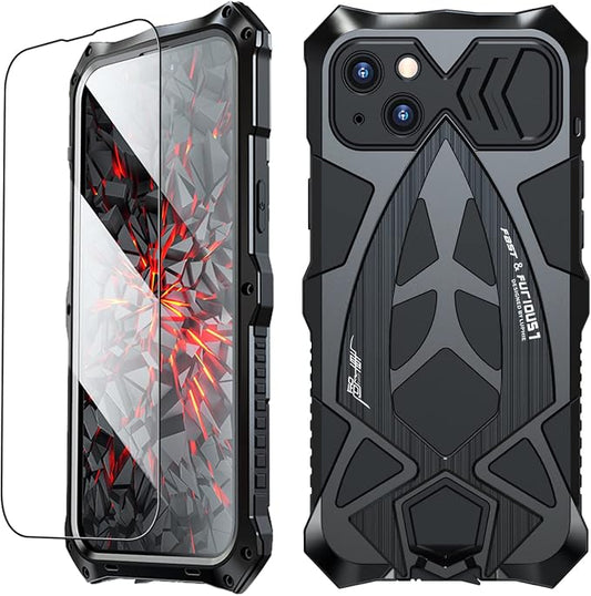 Armor Phone Case for iPhone 14 Military Grade Drop Tested 360 Full Body Protection Cover Heavy Duty Hybrid Metal Bumper Built-in Silicone Shockproof Dustproof with Screen Protector - Black