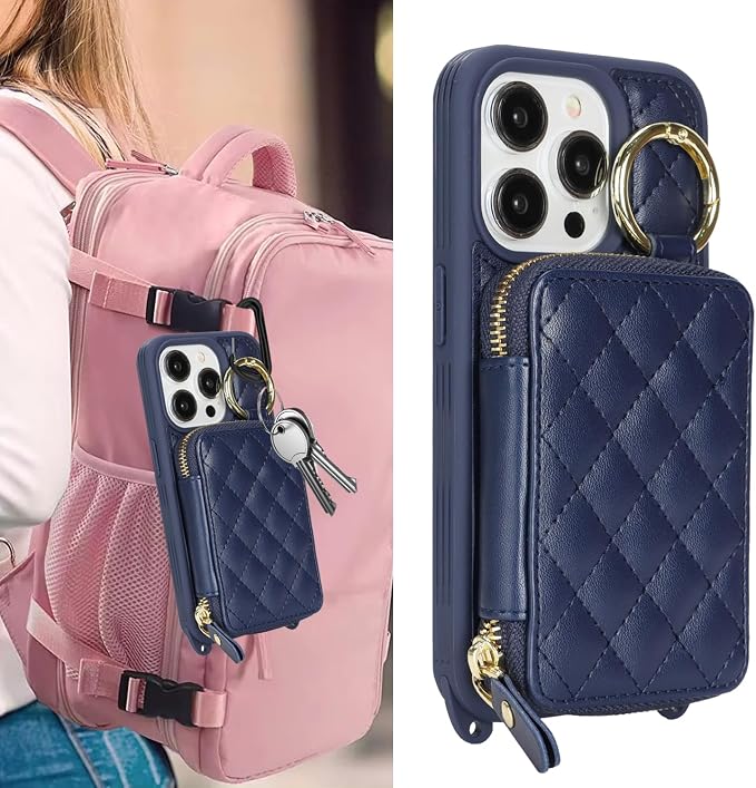 Crossbody Wallet Case for iPhone 14 Pro, PU Leather Zipper Handbag Purse Flip Cover, Kickstand Folio Case with Card Slots Holder Wrist Strap Lanyard 5G 6.1 Inch-Blue