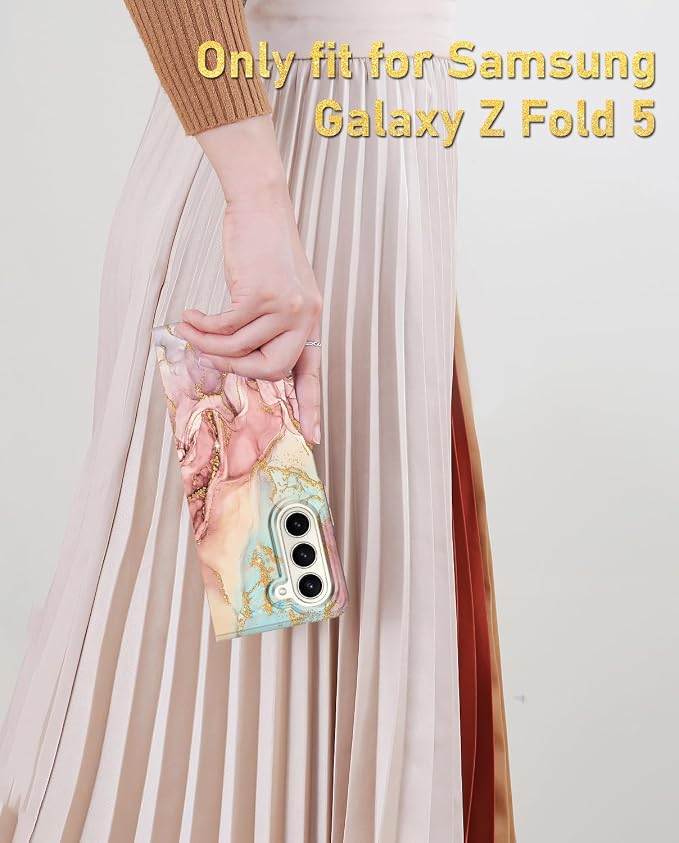 Btscase for Samsung Galaxy Z Fold 5 Case,Built in Front Screen Protector,Gold Glitter Marble Pattern Hard PC Slim Shockproof Full Body Drop Protective Case for Galaxy Z Fold 5 5G, Rose Gold