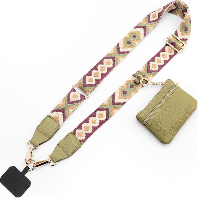 Diaclara Clip and Go Phone Strap with Zipper Pouch- Portable Stylish Crossbody Adjustable Lanyard with Wallet for All Phones, Green
