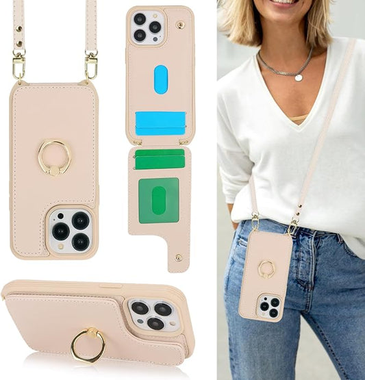 Lipvina for iPhone 13 Pro Case with Card Holder for Women,Crossbody Strap Lanyard,Credit Card Holder,Ring Stand,Snap Clasp,Wallet Case 6.1 inch (Beige)
