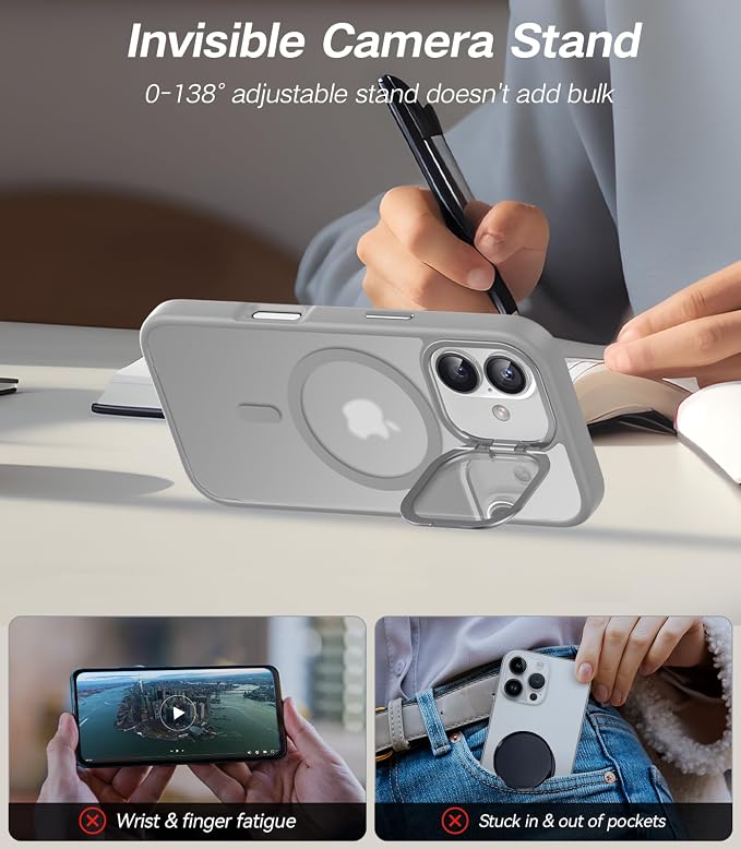 [Upgraded Full Camera Protection] for iPhone 17 Case with Camera Cover Stand [Fit for MagSafe][10FT Mil-Grade Protection] Translucent Magnetic iPhone 17 Phone Case, Grey