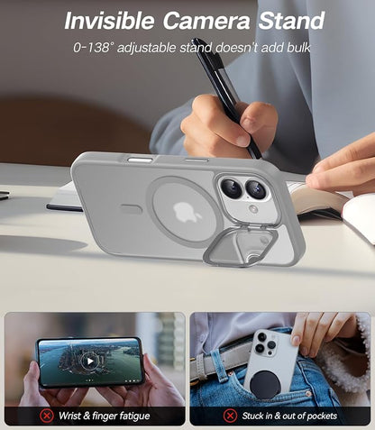 [Upgraded Full Camera Protection] for iPhone 17 Case with Camera Cover Stand [Fit for MagSafe][10FT Mil-Grade Protection] Translucent Magnetic iPhone 17 Phone Case, Grey