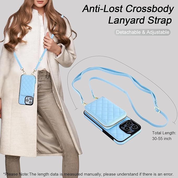 Bocasal Crossbody Wallet Case for iPhone 14 Pro Max, RFID Blocking PU Leather Zipper Handbag Purse Flip Cover, Kickstand Folio Case with Card Slots Holder Wrist Strap Lanyard 5G 6.7 Inch (Blue)