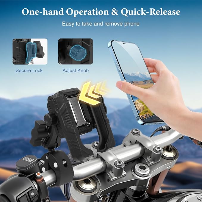 Universal Phone Mount for Bike/Motorcycle/Scooter/ATV, 720° Rotatable Anti-Shake Holder with One-Hand Quick Release &Secure Lock Knob, Fits 5.4-7.2” iPhone 16/15/14/13 Pro Max, 75026
