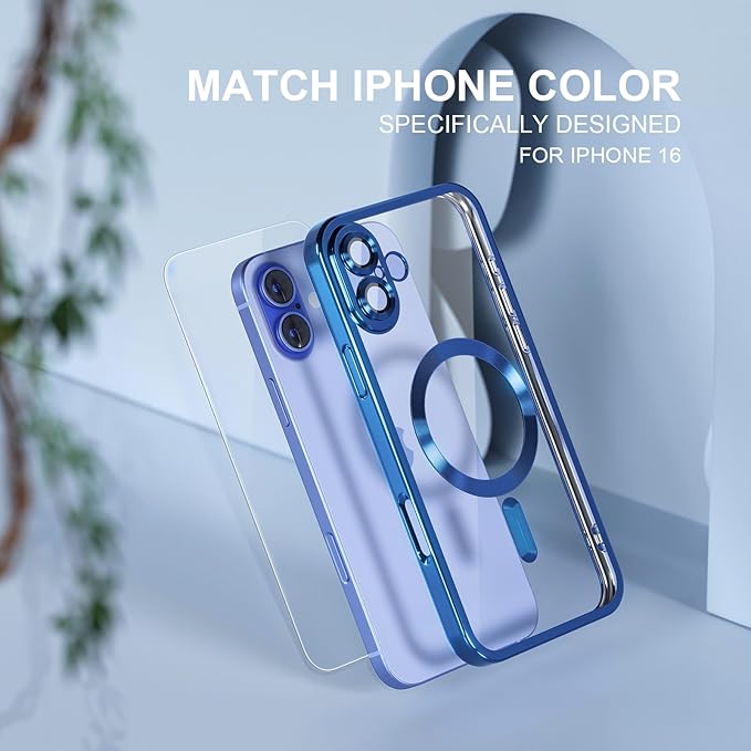 Misea Magnetic for iPhone 16 Case Compatible with MagSafe [Never Yellowing] [Military Grade Drop Protection] Full Camera Lens Protector Plating Soft Clear Phone Case for Women 6.1 inch, Deep Blue