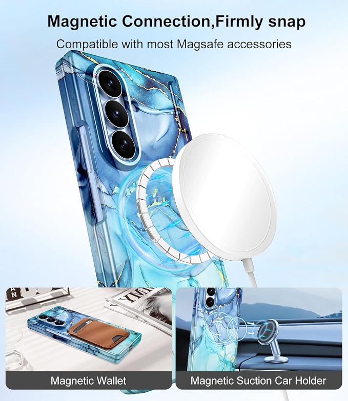 Btscase for Samsung Galaxy Z Fold 8 Ultra Case,Built in Front Screen Protector,[Compatible with MagSafe] Marble Hard PC Slim Shockproof Full Body Drop Protective Case for Z Fold 8 Ultra, Blue Cyan