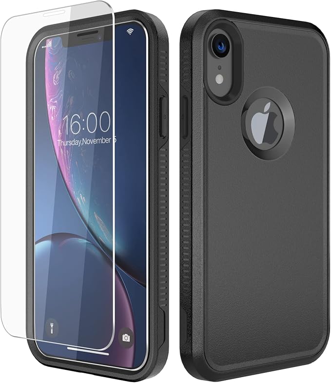 Diverbox for iPhone XR Case [Tempered Glass Screen Protector] [Shockproof] [Dropproof] Heavy Duty Protection Phone Case Cover for Apple iPhone XR (Black)