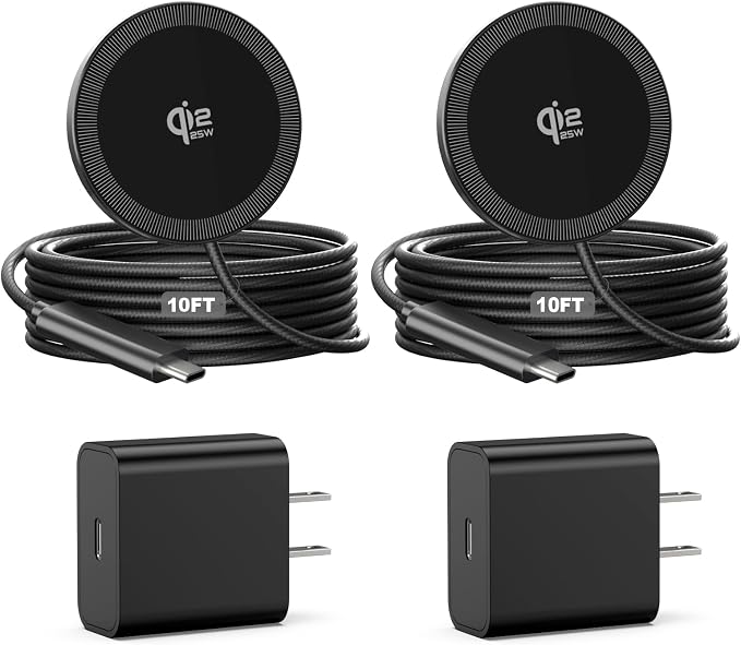 25W Magnetic Wireless Charger, 10FT Fast Charging Pad Qi2.2 Wireless Charge for iPhone 17 16 /AirPods3/2/Pro/for Galaxy S26 Ultra/Pixel 10 Series, Portable Charger for Desk& Travel(2Pack,Black)