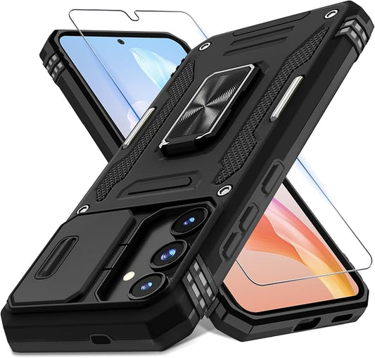 DEERLAMN Case for Samsung Galaxy S25 6.2-Inch with Slide Camera Cover+Screen Protector (1 Pack), Rotated Ring Kickstand Military Grade Shockproof Protective Cover-Black