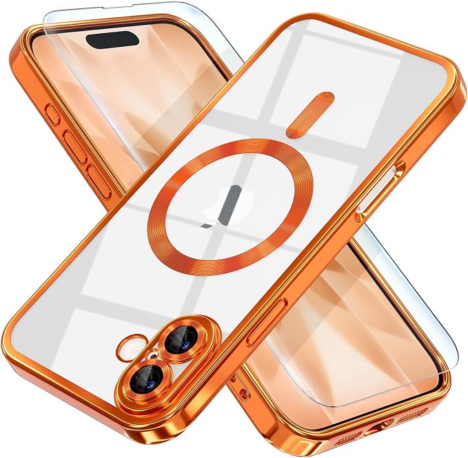 Misea Magnetic for iPhone 17 Case Compatible with MagSafe [Never Yellowing] [Military Grade Drop Protection] Full Camera Lens Protector Plating Soft Clear Phone Case for Women, Cosmic Orange