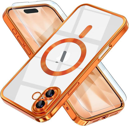 Misea Magnetic for iPhone 17 Case Compatible with MagSafe [Never Yellowing] [Military Grade Drop Protection] Full Camera Lens Protector Plating Soft Clear Phone Case for Women, Cosmic Orange
