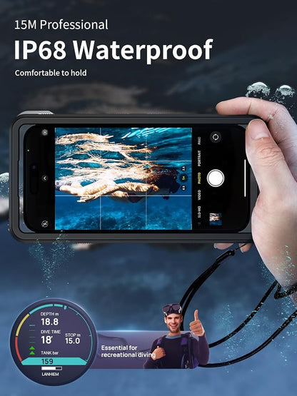 Lanhiem Snorkeling Underwater Phone Case for Diving, IP68 Professional Universal Waterproof Outdoor Video Photo Cellphone Case with Lanyard for iPhone 17, Galaxy S26 Moto All Series (Clear/Black)