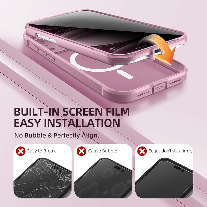 BERFY for iPhone 17 Pro Case, Compatible with MagSafe, Built-in Privacy Screen Protector, Camera Protection, Shockproof Full Body Phone Case 6.3", Translucent Palevioletred