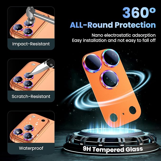 Uyiton for iPhone 17 Pro Max Camera Lens Protector, Not Easy to Break [Strong Adsorption][Case-Friendly] Metal Tempered Glass Rear Camera Screen Cover, Colorful Orange