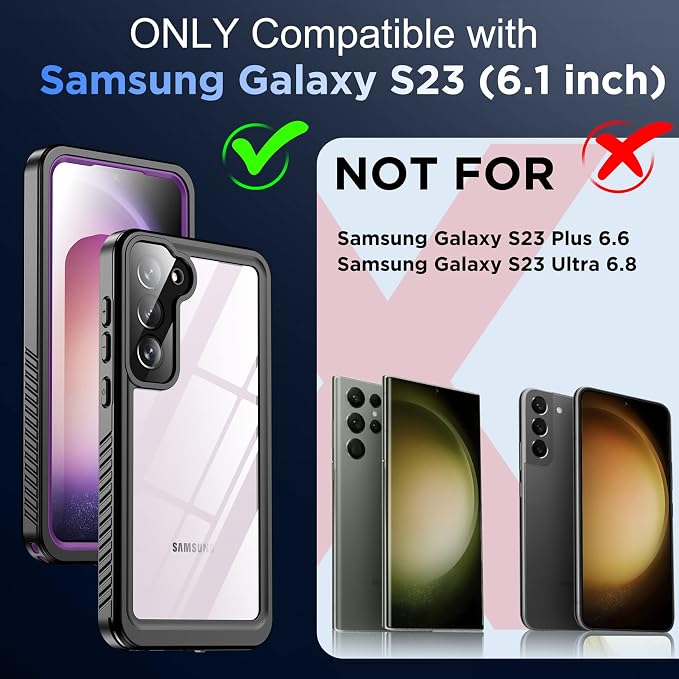 Temdan for Samsung Galaxy S23 Case,Waterproof Built-in Lens & Screen Protector[Full Body Shockproof][12 FT Military Drop Proof][Dustproof][IP68 Underwater] Case for Galaxy S23 5G-Purple