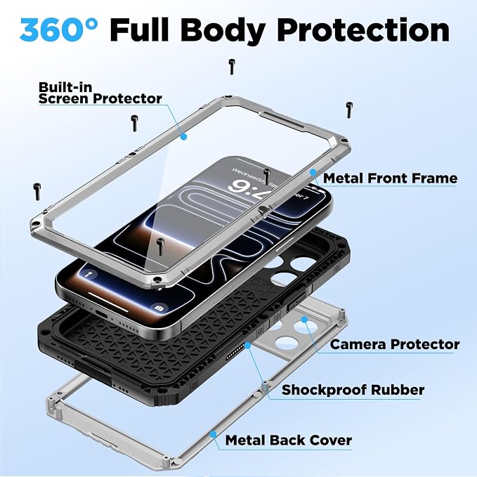 Beasyjoy for iPhone 17 Pro Case Waterproof, Heavy Duty Metal Full Body Protection, Built-in Screen Protector, Military Grade Shockproof Dustproof Rugged Cover for iPhone 17 Pro 6.3", Silver