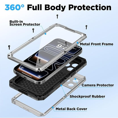 Beasyjoy for iPhone 17 Pro Case Waterproof, Heavy Duty Metal Full Body Protection, Built-in Screen Protector, Military Grade Shockproof Dustproof Rugged Cover for iPhone 17 Pro 6.3", Silver