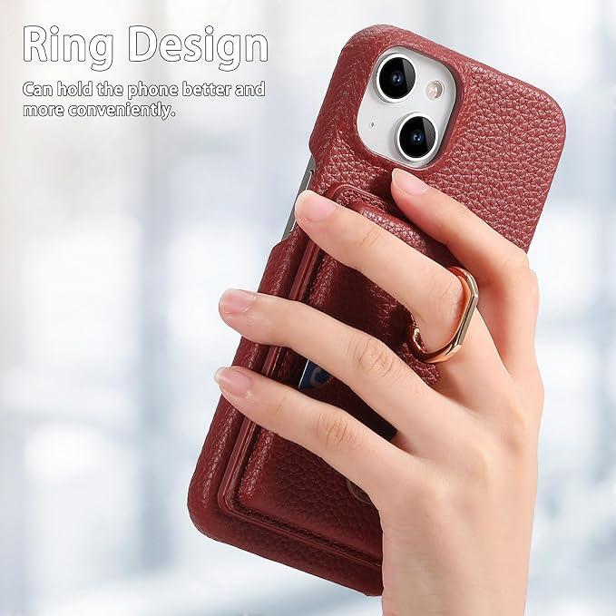 Wallet Case for iPhone 15/15 Pro/15 Plus/15 Pro Max, 360°Rotation Finger Ring Holder Kickstand, Leather Protective Shockproof Cover with Card Holder,15plus,Grey