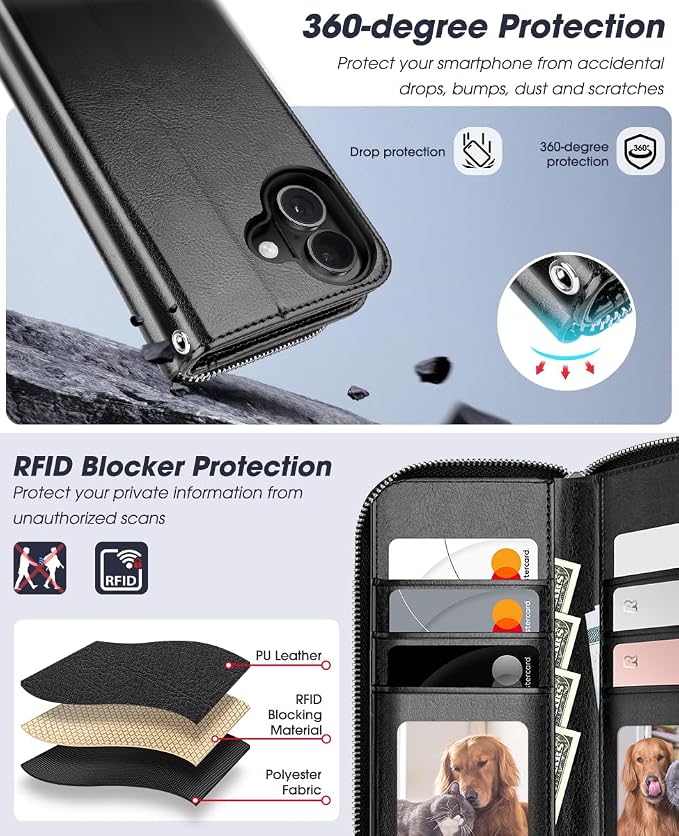 OCASE for iPhone 17 Crossbody Detachable Wallet Case, PU Leather Handbag Phone Purse with Zipper Closure, Card Slots & RFID Blocking, Wrist Strap, Lanyard, Kickstand, Black