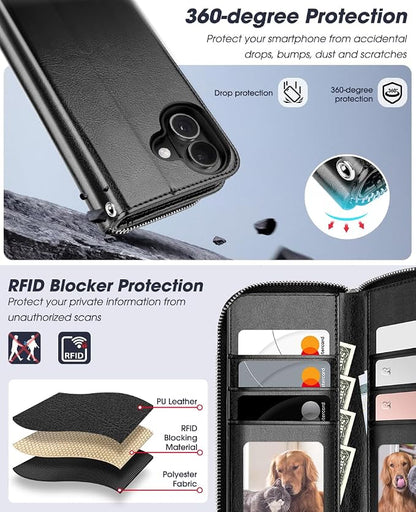 OCASE for iPhone 17 Crossbody Detachable Wallet Case, PU Leather Handbag Phone Purse with Zipper Closure, Card Slots & RFID Blocking, Wrist Strap, Lanyard, Kickstand, Black