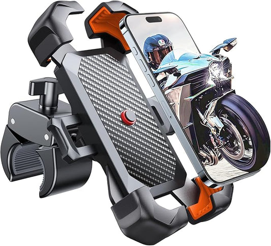 JOYROOM Motorcycle Phone Mount, [1s Auto Lock][100mph Military Anti-Shake] Bike Phone Holder for Bicycle, [10s Quick Install] Handlebar Phone Mount, Compatible with iPhone, Samsung, All Phone, Orange