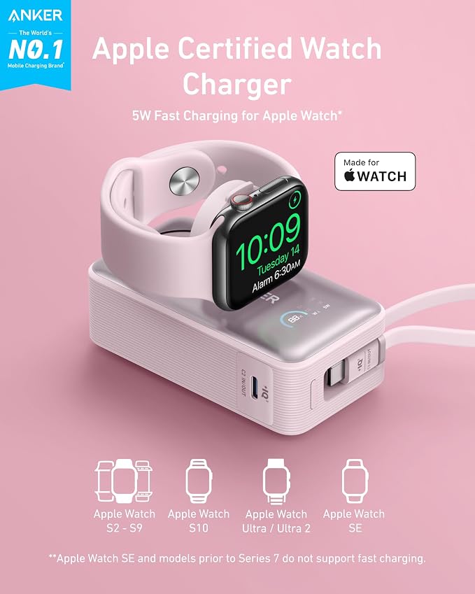 Anker MagGo Power Bank for Apple Watch, Officially Certified 10,000mAh Compact Battery Pack with Built-in USB-C Cable, 35W Max, for iPhone 15 Series, Samsung, iPad, AirPods, and More(Pink)