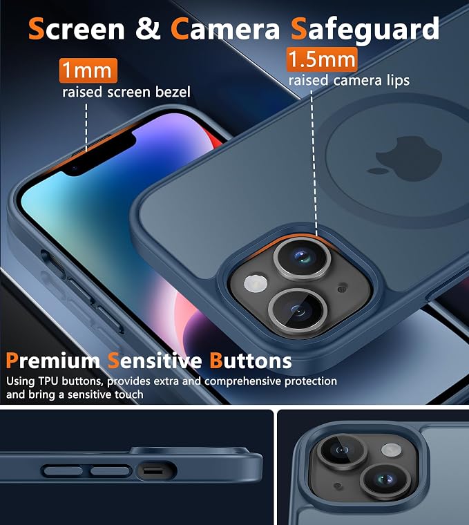 FNTCASE for iPhone 14 Plus Case: for iPhone 15 Plus Magnetic Matte Textured Military Grade Drop Protection Translucent Cell Phone Cover - Slim Shockproof Protective Bumper Phonecase
