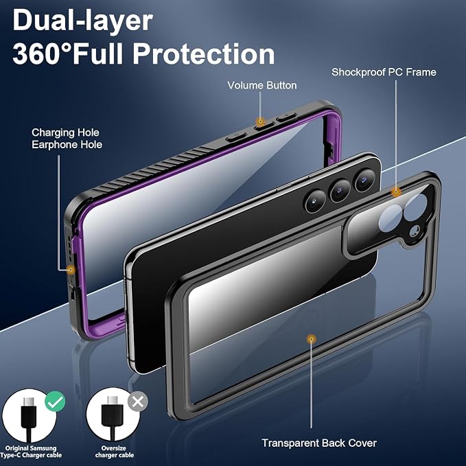 SPIDERCASE Designed for Samsung Galaxy S23 Case Waterproof,Built-in Screen & Camera Lens Protector[IP68 Underwater][Military Grade Shockproof] Full Body Protection Phone Case,Purple/Clear