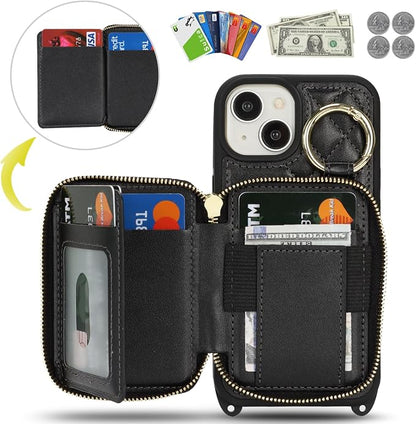 Crossbody Wallet Case for iPhone 14, PU Leather Zipper Handbag Purse Flip Cover, Kickstand Folio Case with Card Slots Holder Wrist Strap Lanyard 5G 6.1 Inch-Black