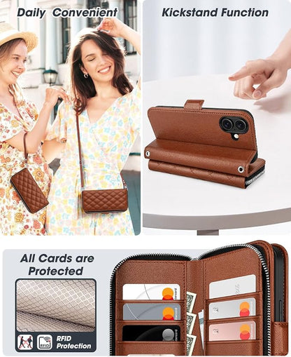OCASE for iPhone 17 Crossbody Wallet Case - Stylish PU Leather Handbag Phone Purse with Zipper Closure, Card Slots & RFID Blocking - Wrist Strap, Lanyard, Kickstand - Diamond Check Brown