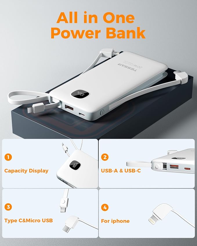 Portable Charger with Built in Cables,TESSAN 10000mAh Power Bank Fast Charging with Foldable Wall Plug Charger, PD20W Compact Battery Pack Travel Essentials for iPhone 17/16/15 Series,Samsung,Tablets