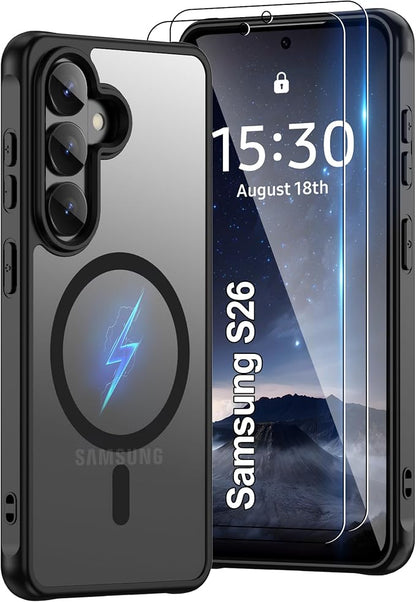 Pilaru for Samsung Galaxy S26 Phone Case:S26 Case [Compatible with Magsafe] with 2PC HD Screen Protector,Camera Bump Protection,Slim Frosted Translucent Soft-Touch for Galaxy S26,Matte Black