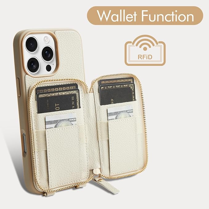 ZVE Wallet Case for iPhone 16 Pro Max, RFID Blocking Protective Leather Zipper Wallet Case with Card Holder Wrist Strap for Women for iPhone 16 Pro Max 6.9" Beige