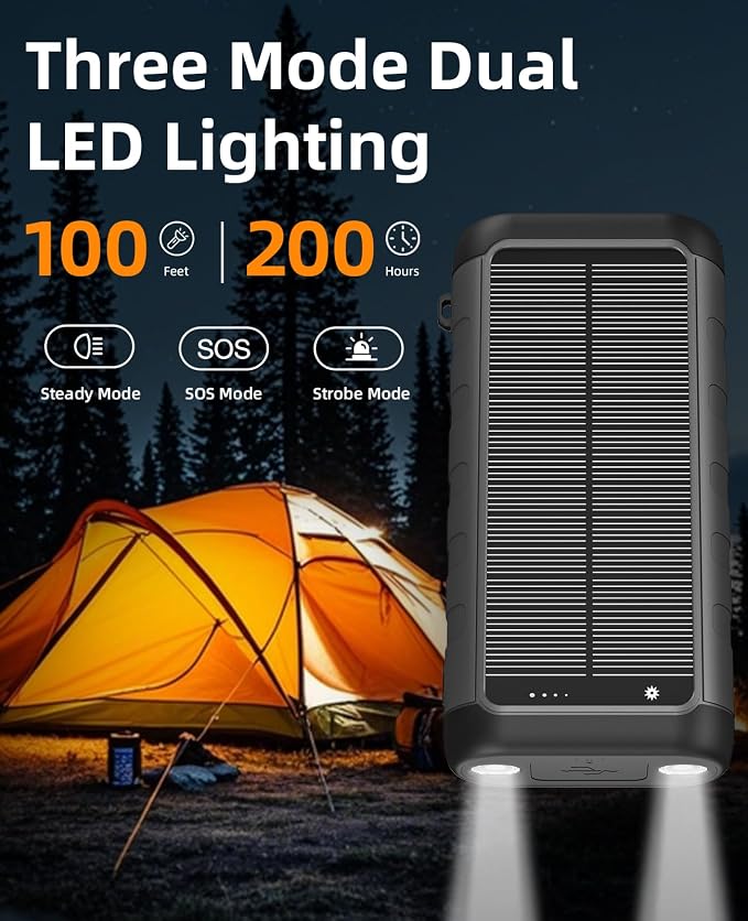 Solar Portable Charger Power Bank 59800mAh, Outdoor Waterproof Battery Pack, 3 Built in Cables & Hand Crank, 6 Outputs, 15W Wireless Charging, Emergency LED Flashlight for Camping Hiking Travel