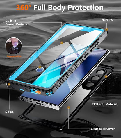 Temdan Designed for Samsung Galaxy S24 Ultra Case,Waterproof Built-in Lens & Screen Protector [Full Body Shockproof][Military Drop Proof][IP68 Underwater] Phone Case for S24 Ultra 5G-Blue (2024)