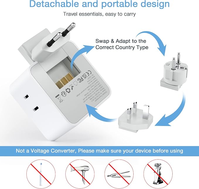 TESSAN All European UK Travel Plug Adapter Kit, International Detachable | 3 Outlets 3 USB Ports (1 USB C), Type C/G/E/F EU Ireland Power Adaptor, US to Europe Italy Spain France Greece