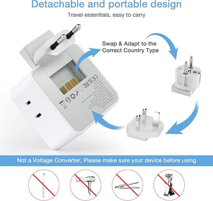 TESSAN All European UK Travel Plug Adapter Kit, International Detachable | 3 Outlets 3 USB Ports (1 USB C), Type C/G/E/F EU Ireland Power Adaptor, US to Europe Italy Spain France Greece