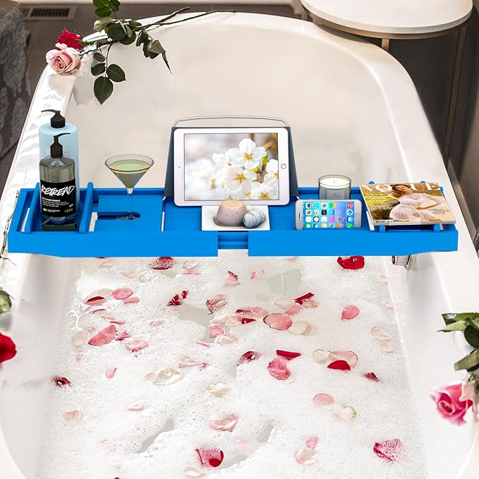 Domax Bathtub Caddy Tray - Expandable Bamboo Tub Tray for Luxury Spa Bath with Book Holder Free Soap Dish Blue