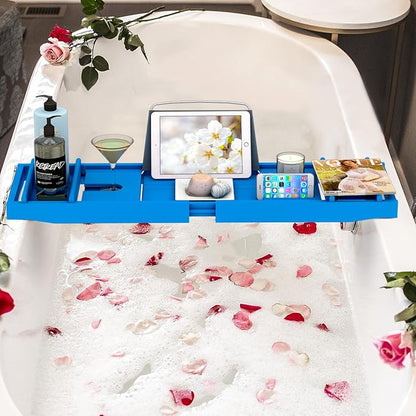 Domax Bathtub Caddy Tray - Expandable Bamboo Tub Tray for Luxury Spa Bath with Book Holder Free Soap Dish Blue