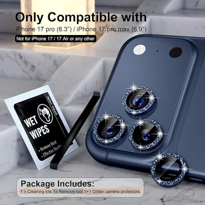 Choiche Compatible for iPhone 17 Pro/iPhone 17 Pro Max Camera Lens Protector Bling, 9H Tempered Glass Camera Cover Screen Protector Metal Ring Decoration Accessories (Glitter-Blue)