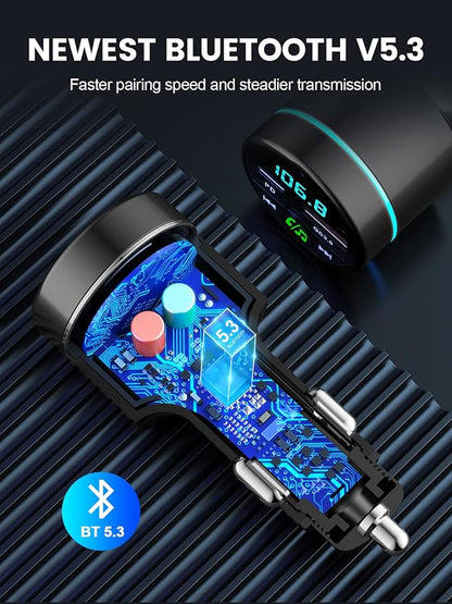 FM Transmitter for Car Bluetooth 5.3, [All-Metal] PD 30W & QC3.0 18W Fast Car Charger, Wireless FM Radio Kit Bluetooth Car Adapter, Noise Cancelling Hands-Free Call, Blue Light - Black