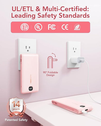 Portable Charger Power Bank Built in Cables and Wall Plug, 10000mAh iPhone Battery Pack Fast Charging, USB C External Slim Power Bank, Travel Essentials Compatible with iPhone 16 15 14 13 iPad, Pink